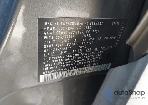 2015 Volkswagen Tiguan Se from USA, damaged, VIN WVGAV7AX7FW606987